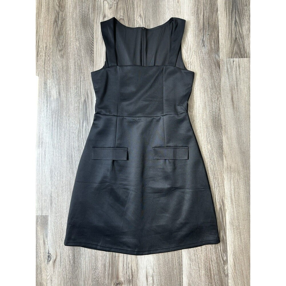 Black Square Neck Mini Dress Size Small NWOT Faux Flap Pockets Y2K Cocktail Chic